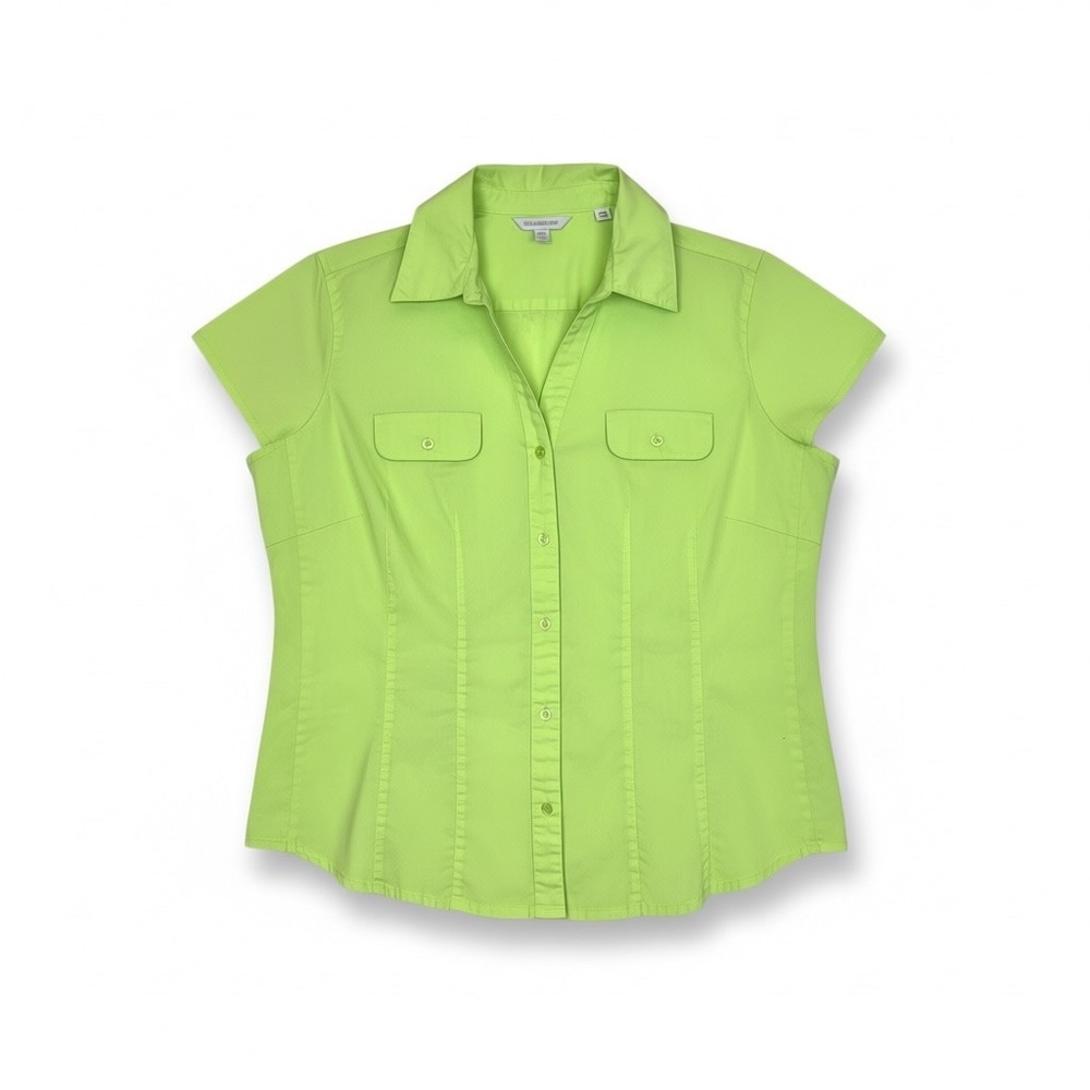 Dressbarn XL Melon Green Button Down Notched Collar Blouse With Cap Sleeves